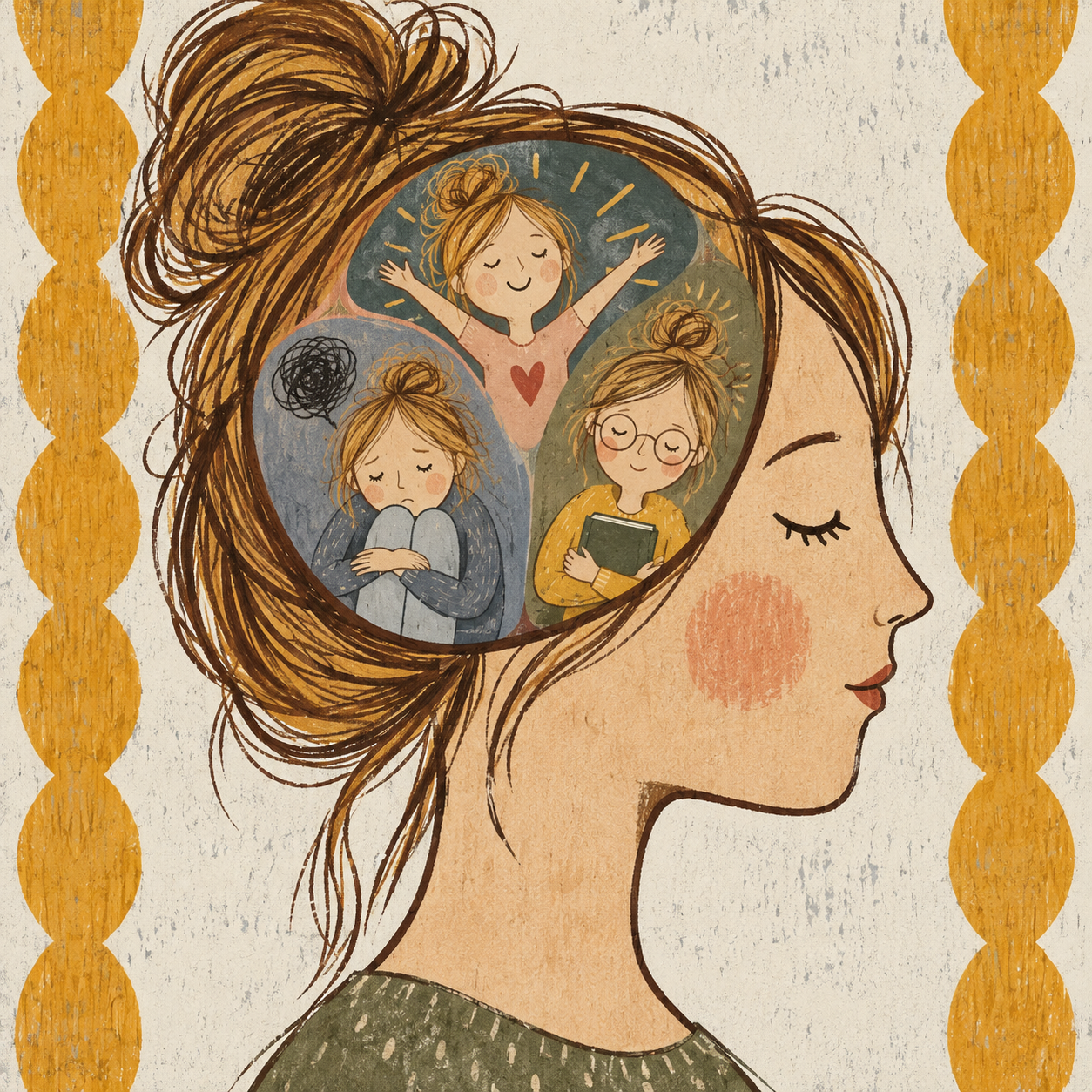 Illustratie van een vrouw met drie verschillende innerlijke delen in haar hoofd, als verbeelding van IFS en de verschillende gevoelens en kanten in jezelf.