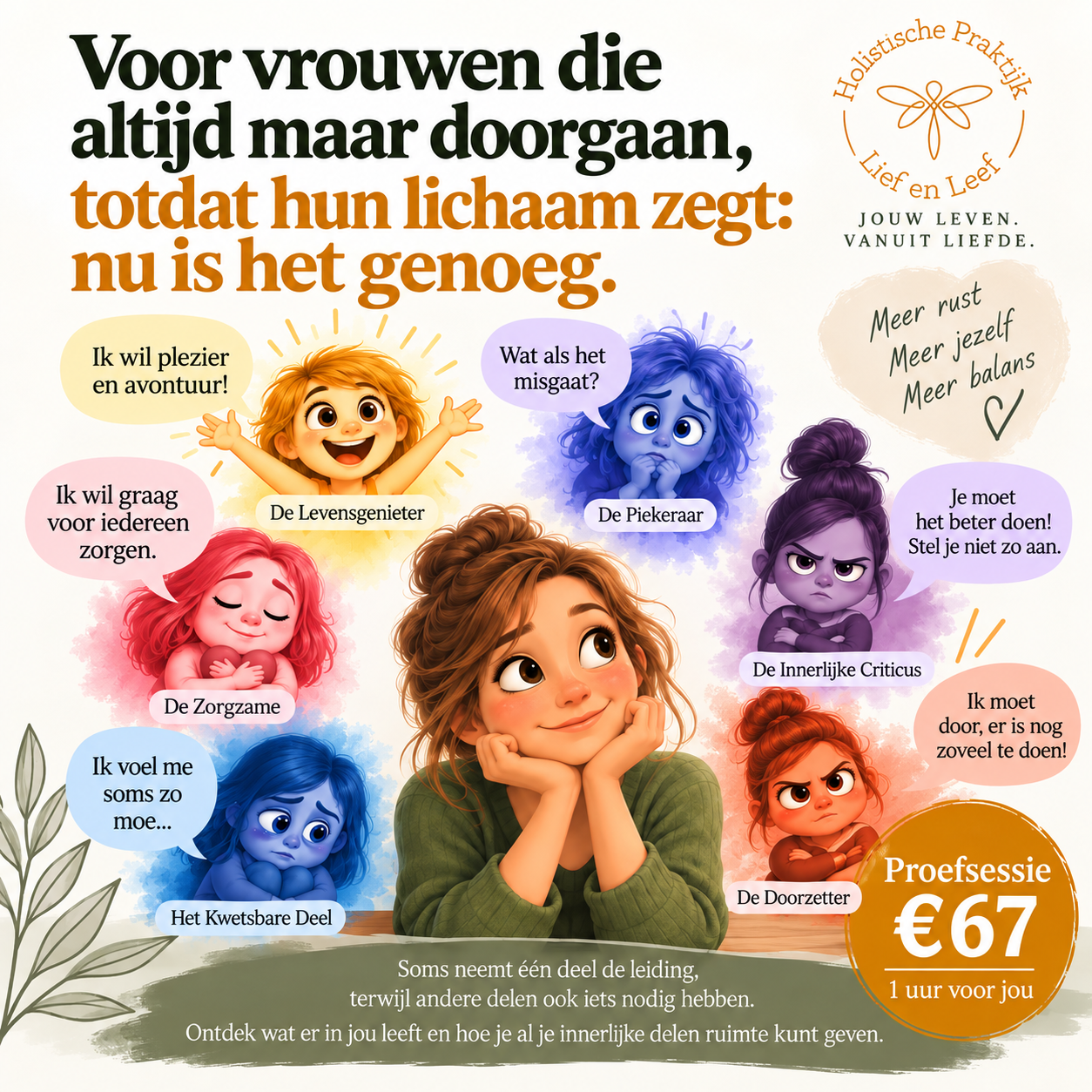 vierkante versie poster proefsessie Lief en Leef zuidlaren, Internal Family Systems Therapie, innerlijke delen, proefsessie, Holistische Therapie, Lichaamsgerichte therapie, coaching voor vrouwen.